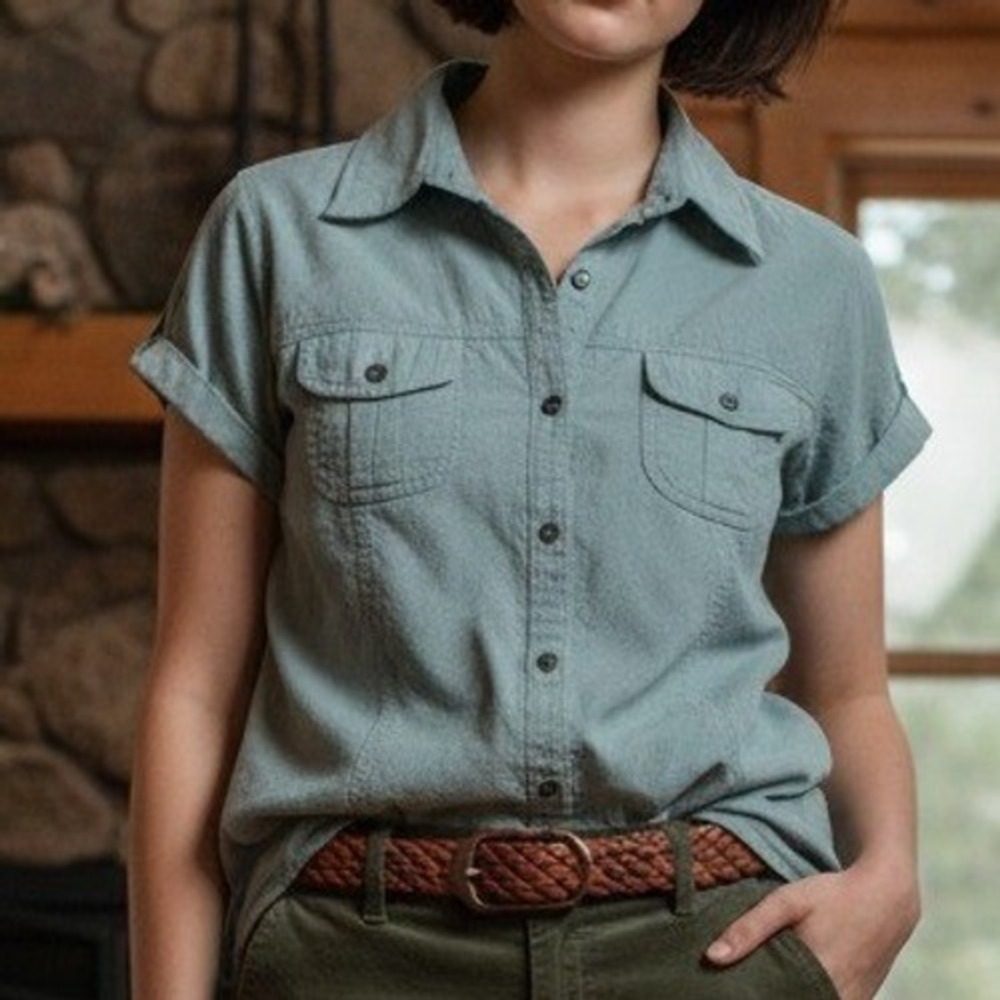 J. Jill Button Down Shirt SP Aqua Crinkle Cotton Utility Camp Roll Tab Blouse